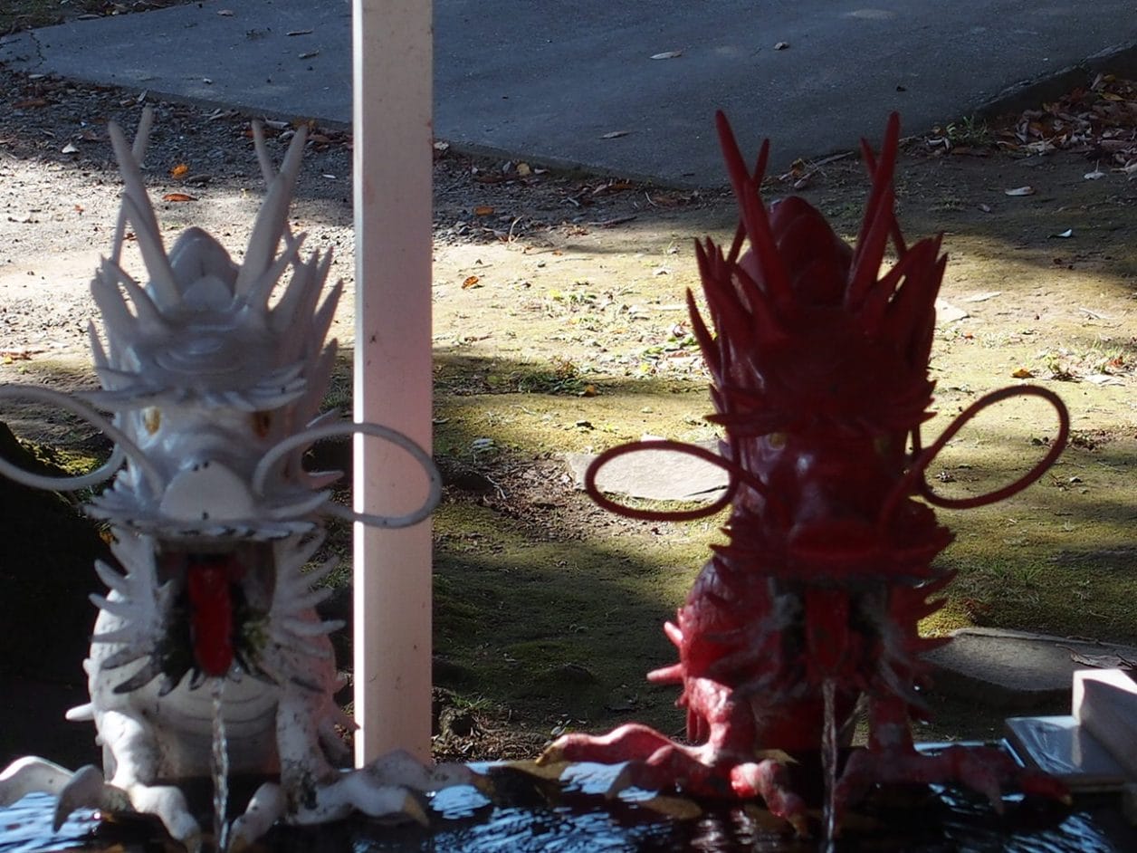 伊豆山神社の手水舎にご鎮座される赤龍と白龍